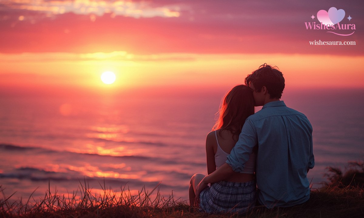 Couple watching a pink sunset by the ocean