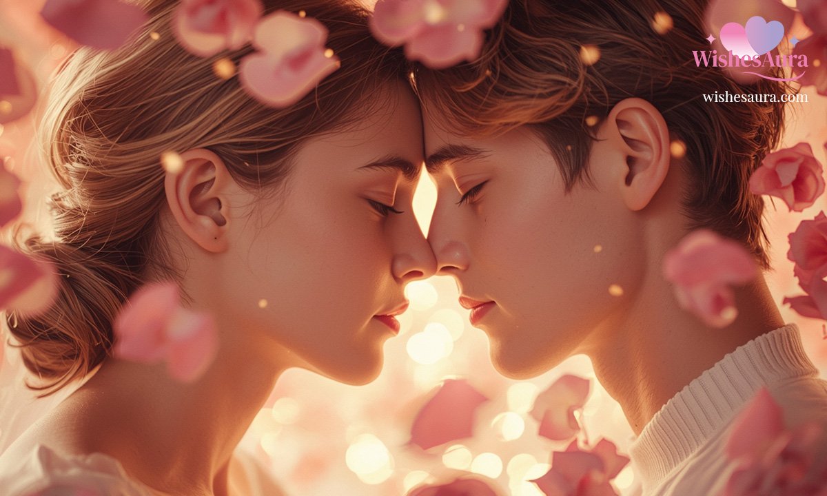 Couple with foreheads touching surrounded by rose petals