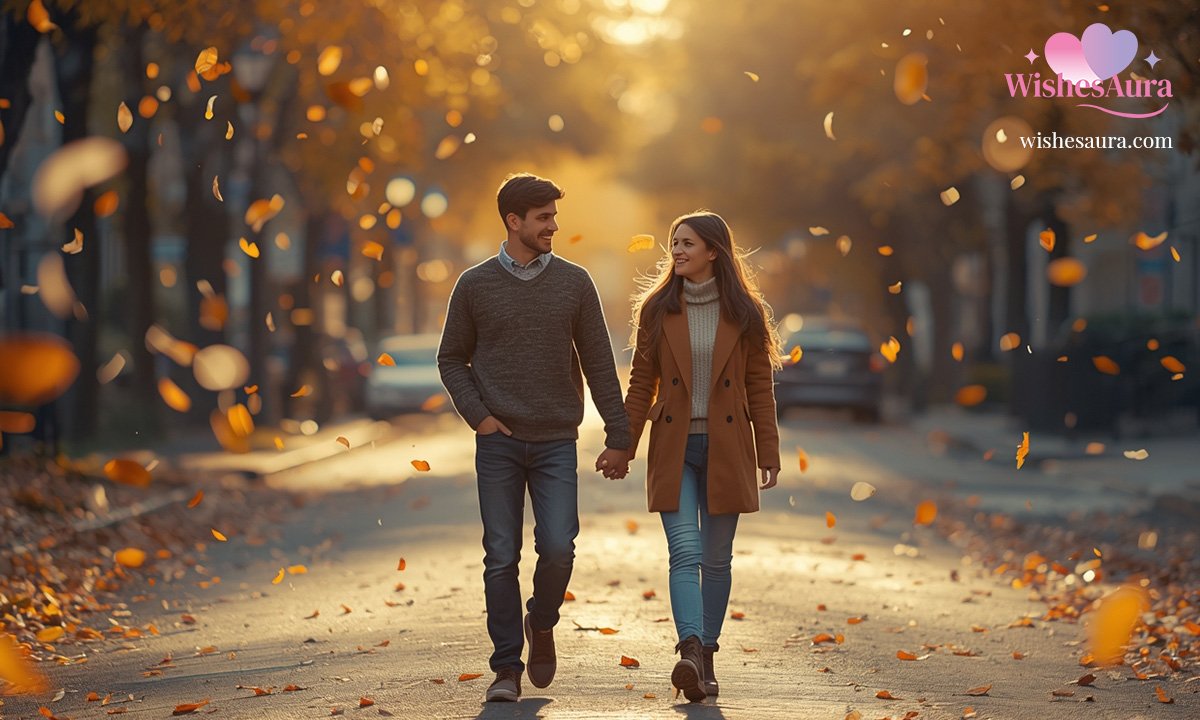 Couple walking together on an autumn street