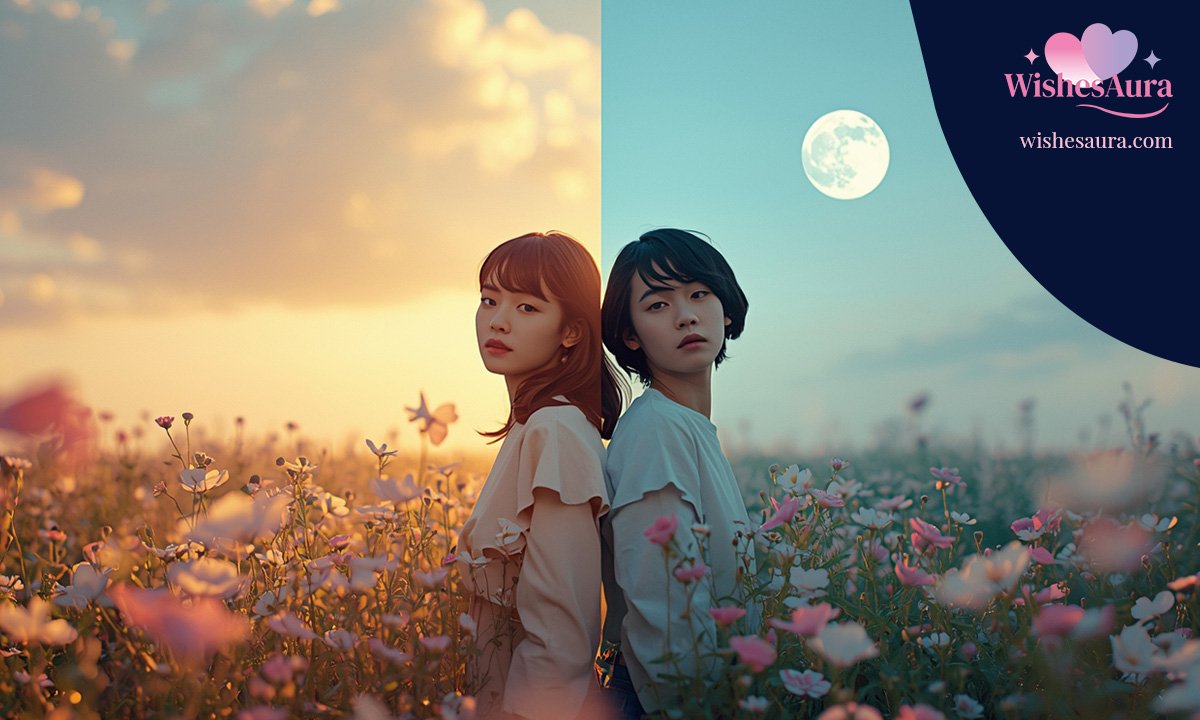 Two people sitting shyly on a park bench