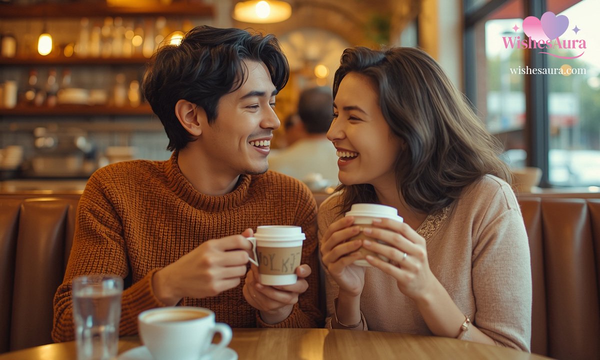 Two people laughing together in a cozy cafe