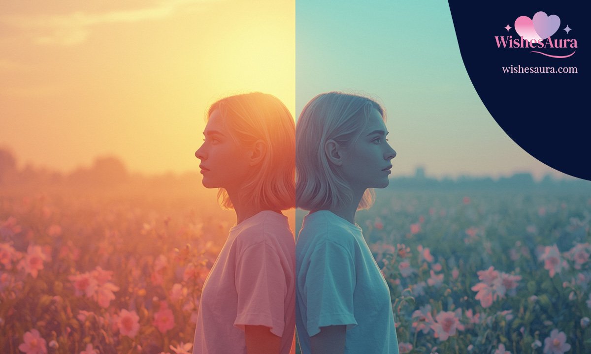 Two people standing apart in a flower field